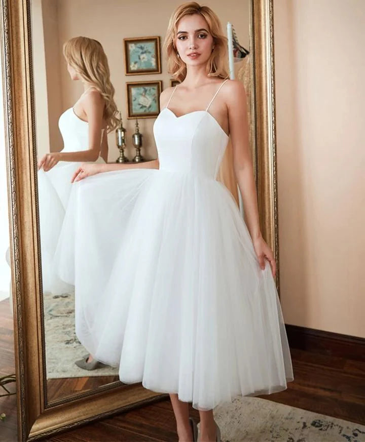 Simple Spaghetti Straps Ivory Satin Tulle Beach Wedding Dresses