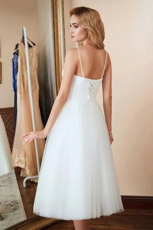 Simple Spaghetti Straps Ivory Satin Tulle Beach Wedding Dresses