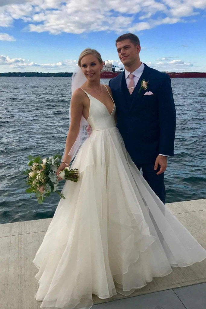 Simple V Neck Spaghetti Strap Backless Ivory A Line Cheap Beach Wedding Dresses