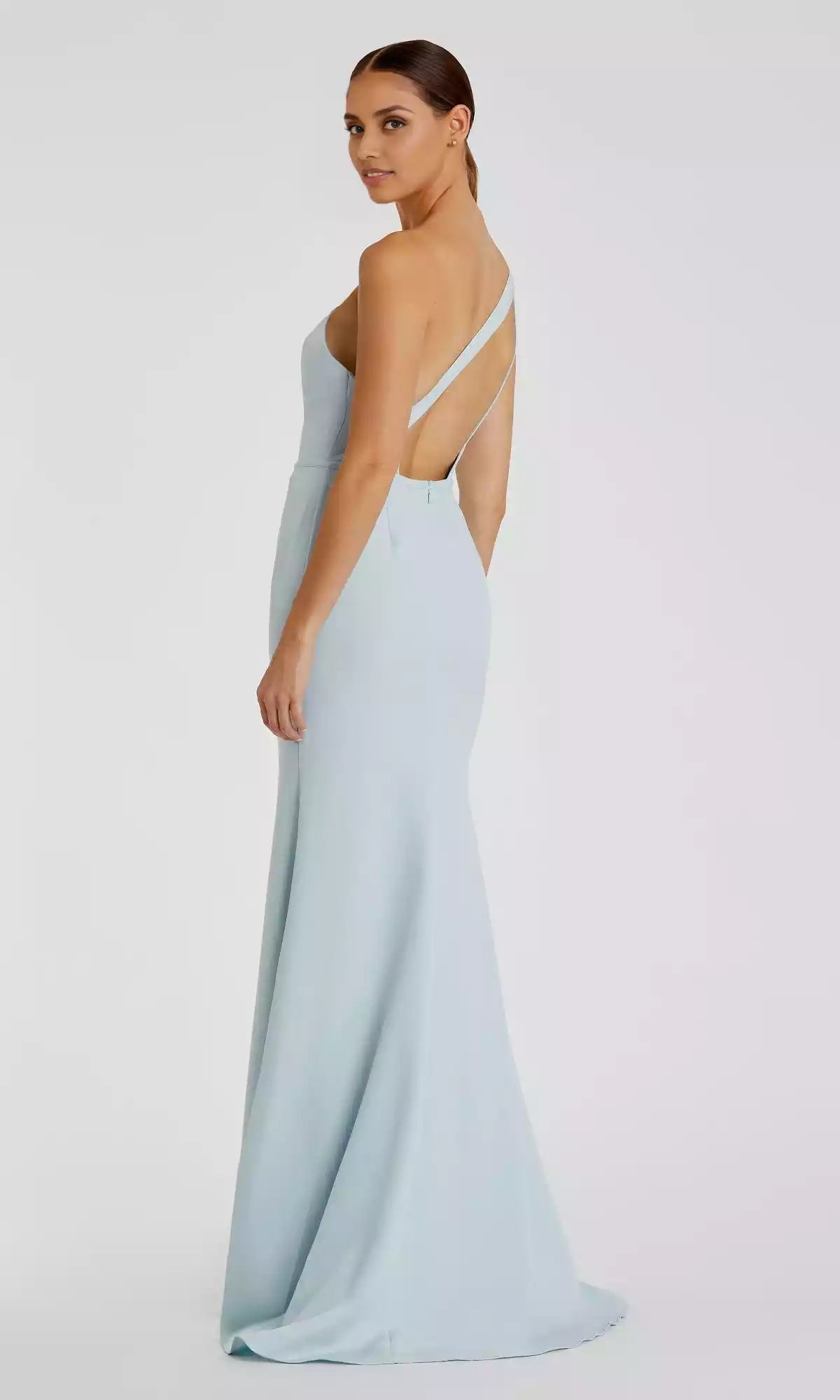 Simple and sweet one shoulder long asymmetrical neckline slim fit cut, backless and dragging, Prom Dresses