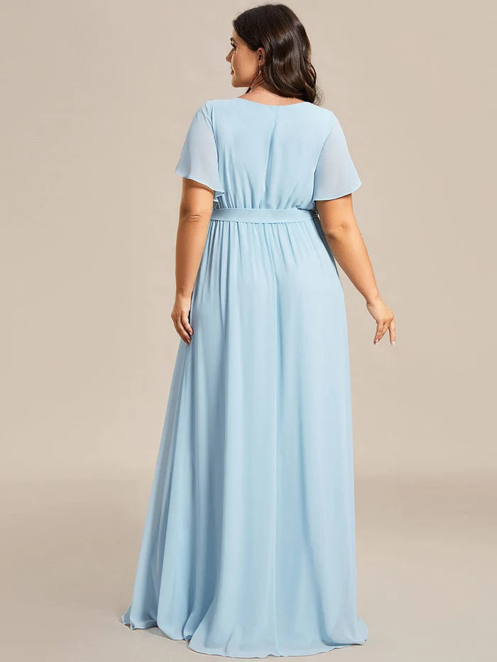 Plus Size Ruffle Pleated Chiffon Tie-Waist Evening Dress
