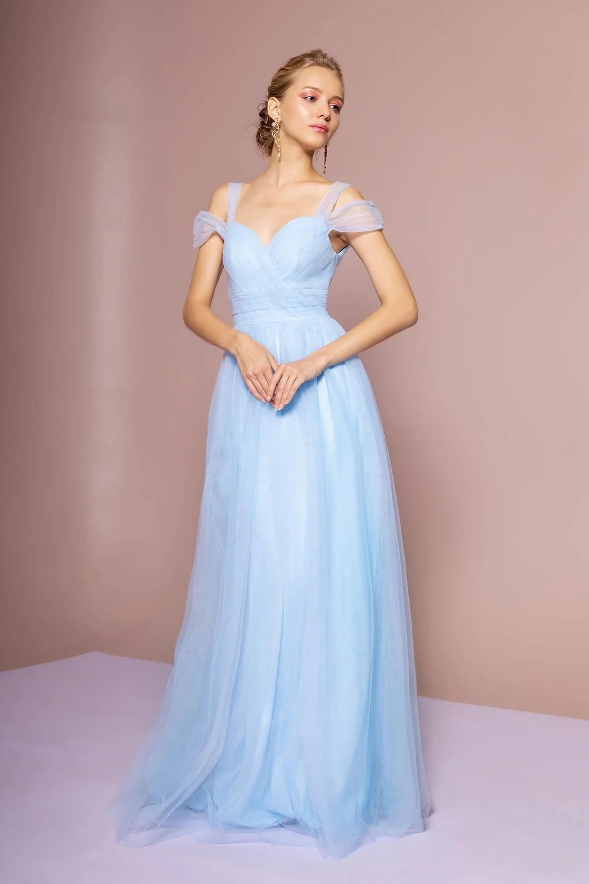 Sky Blue Off Shoulder Flutter Sleeve Low Back Tulle Prom Dresses