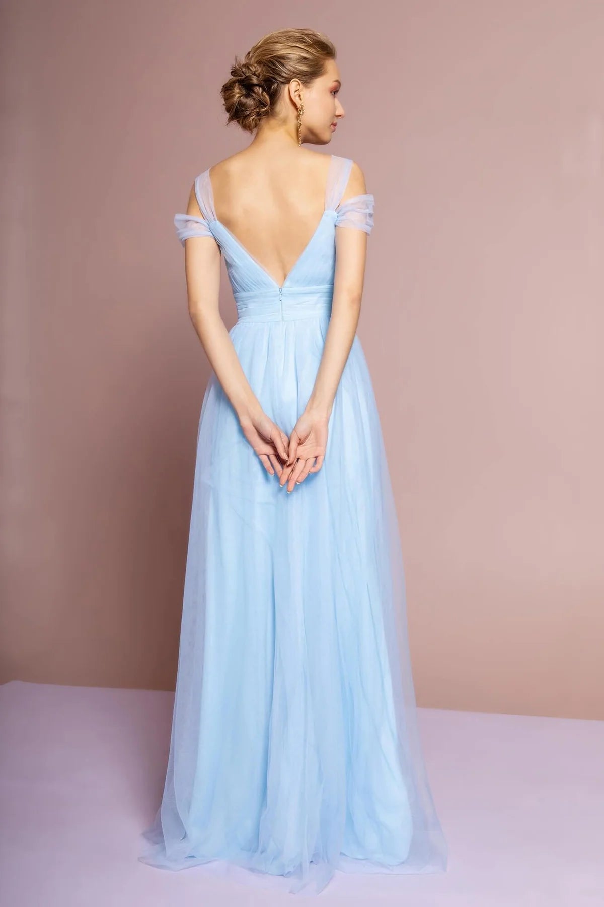 Sky Blue Off Shoulder Flutter Sleeve Low Back Tulle Prom Dresses