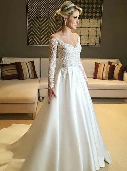 Long Sleeve A-Line Off The Shoulder Wedding Dresses A Line Satin Court Train