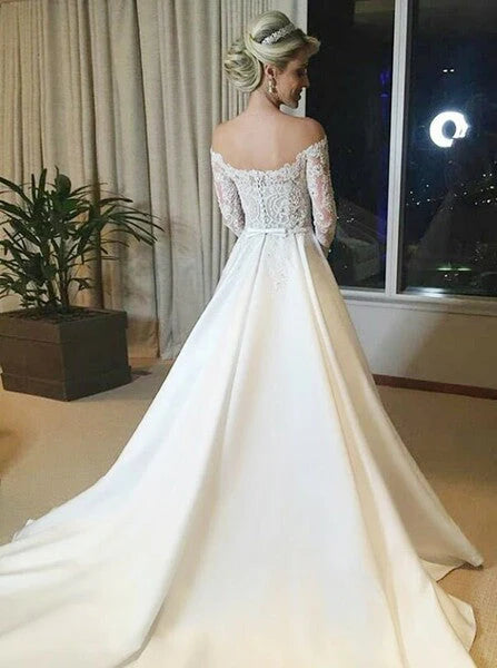 Long Sleeve A-Line Off The Shoulder Wedding Dresses A Line Satin Court Train