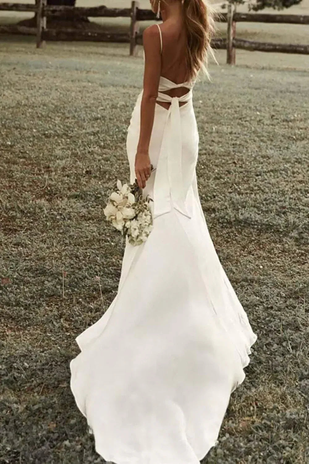 Sleeveless Chiffon A-Line Wedding Dress Spaghetti Strap Cowl Neck Satin Wedding Dress with Slit & Open Back - Modern Bridal Gown with Scoop Neck & Slit - Bohemian Beach Bridal Gown