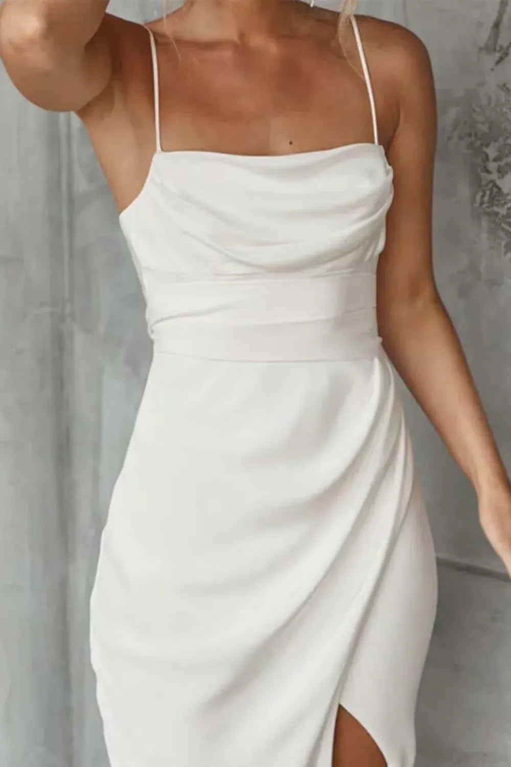 Sleeveless Chiffon A-Line Wedding Dress Spaghetti Strap Cowl Neck Satin Wedding Dress with Slit & Open Back - Modern Bridal Gown with Scoop Neck & Slit - Bohemian Beach Bridal Gown