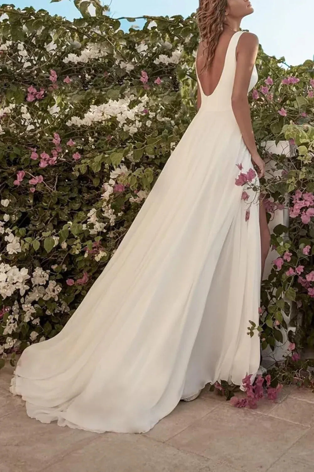 Sleeveless Chiffon A-Line Wedding Dress with Scoop Neck & Slit - Bohemian Beach Bridal Gown