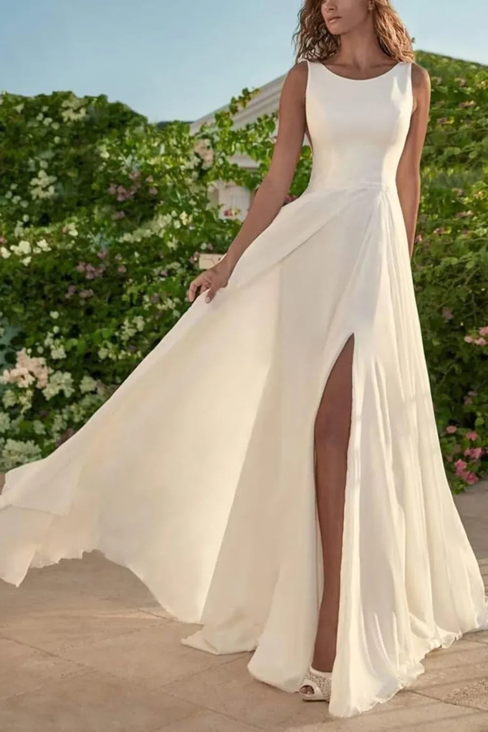 Sleeveless Chiffon A-Line Wedding Dress with Scoop Neck & Slit - Bohemian Beach Bridal Gown