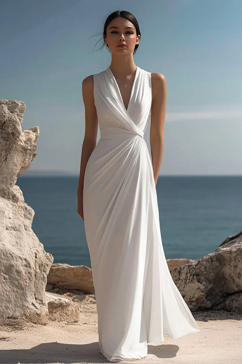Sleeveless V-Neck Chiffon Wedding Dress with Draped Bodice & Mermaid Skirt - Modern Bridal Gown