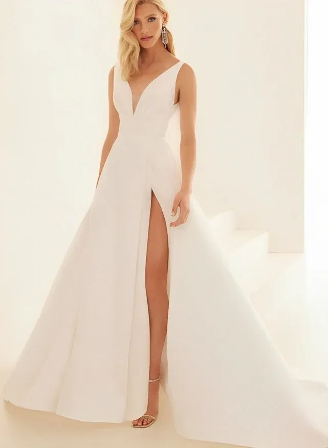 Sleeveless V-Neck Crepe A-Line Wedding Dress with Slit & Low Back - Modern Bridal Gown