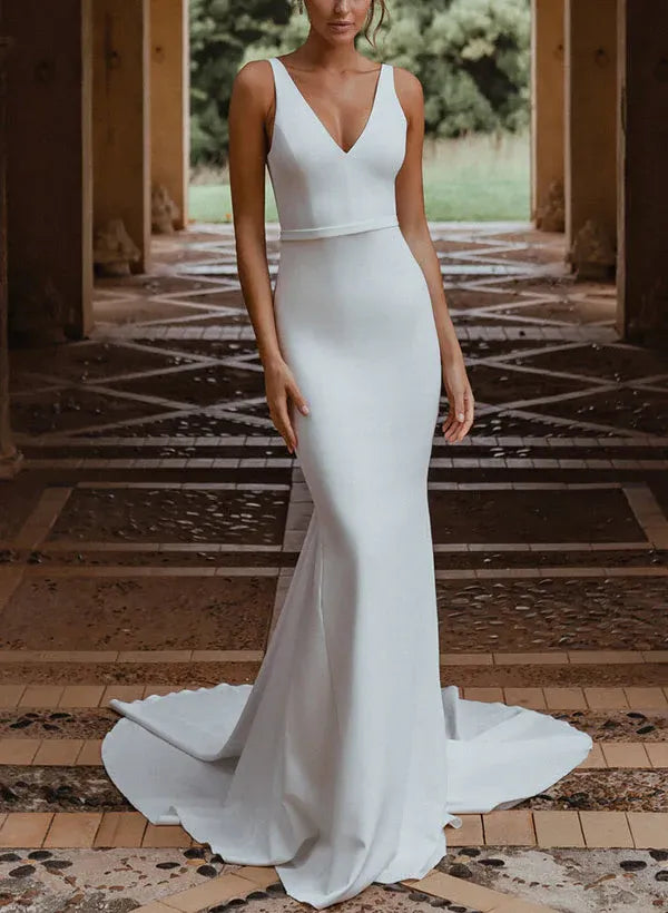 Sleeveless V-Neck Crepe Mermaid Wedding Dress with Low Back & Buttons - Modern Bridal Gown