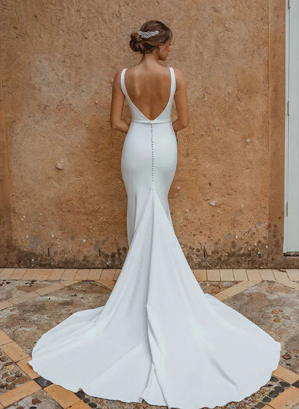 Sleeveless V-Neck Crepe Mermaid Wedding Dress with Low Back & Buttons - Modern Bridal Gown