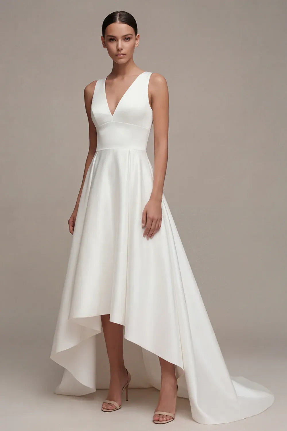 Vintage Sleeveless V-Neck Satin High-Low Sleeveless Wedding Dress