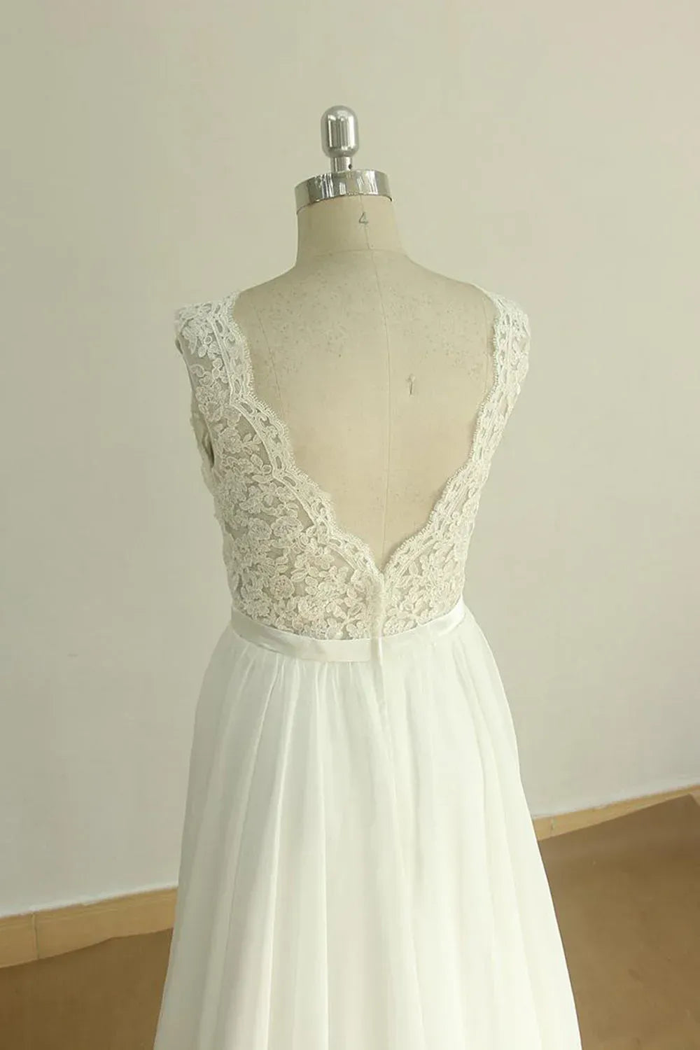 Sleeveless V-neck Bodice With Floral Lace  Sleeveless Lace Chiffon A-Line Wedding Dress with V-Back