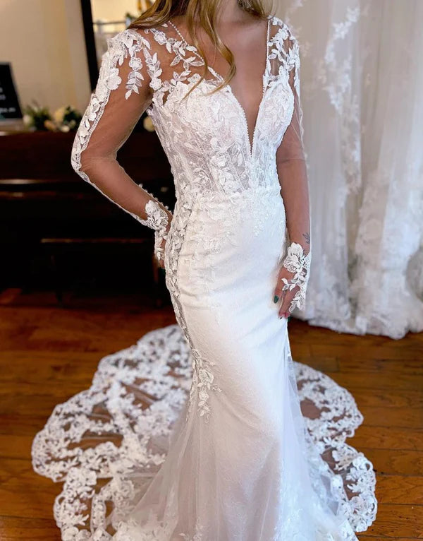 Mermaid V-Neck Long Sleeves Wedding Dress With Appliques