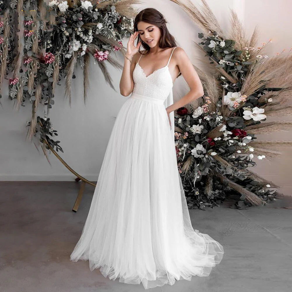 Smiple Tulle Spaghetti Straps Sweetheart Wedding Dresses