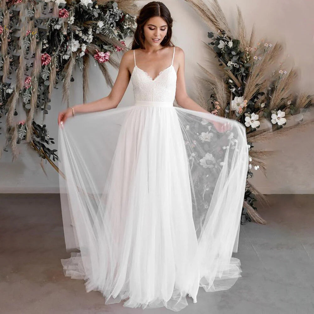 Smiple Tulle Spaghetti Straps Sweetheart Wedding Dresses