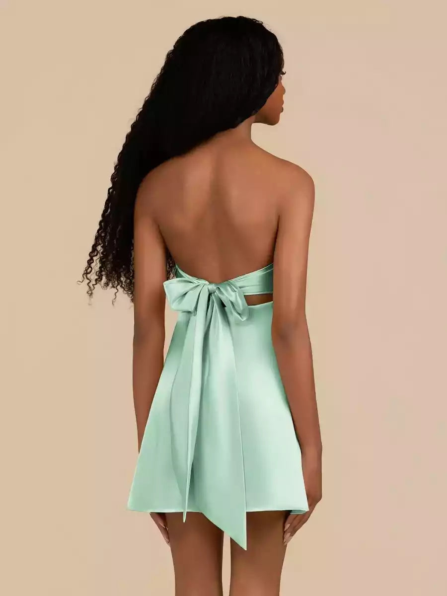 Smooth A-line silhouette off shoulder collar with lock hole satin sleeveless lace up back Homecoming Dresses