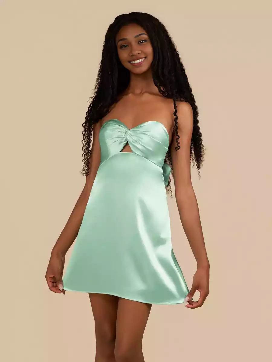 Smooth A-line silhouette off shoulder collar with lock hole satin sleeveless lace up back Homecoming Dresses