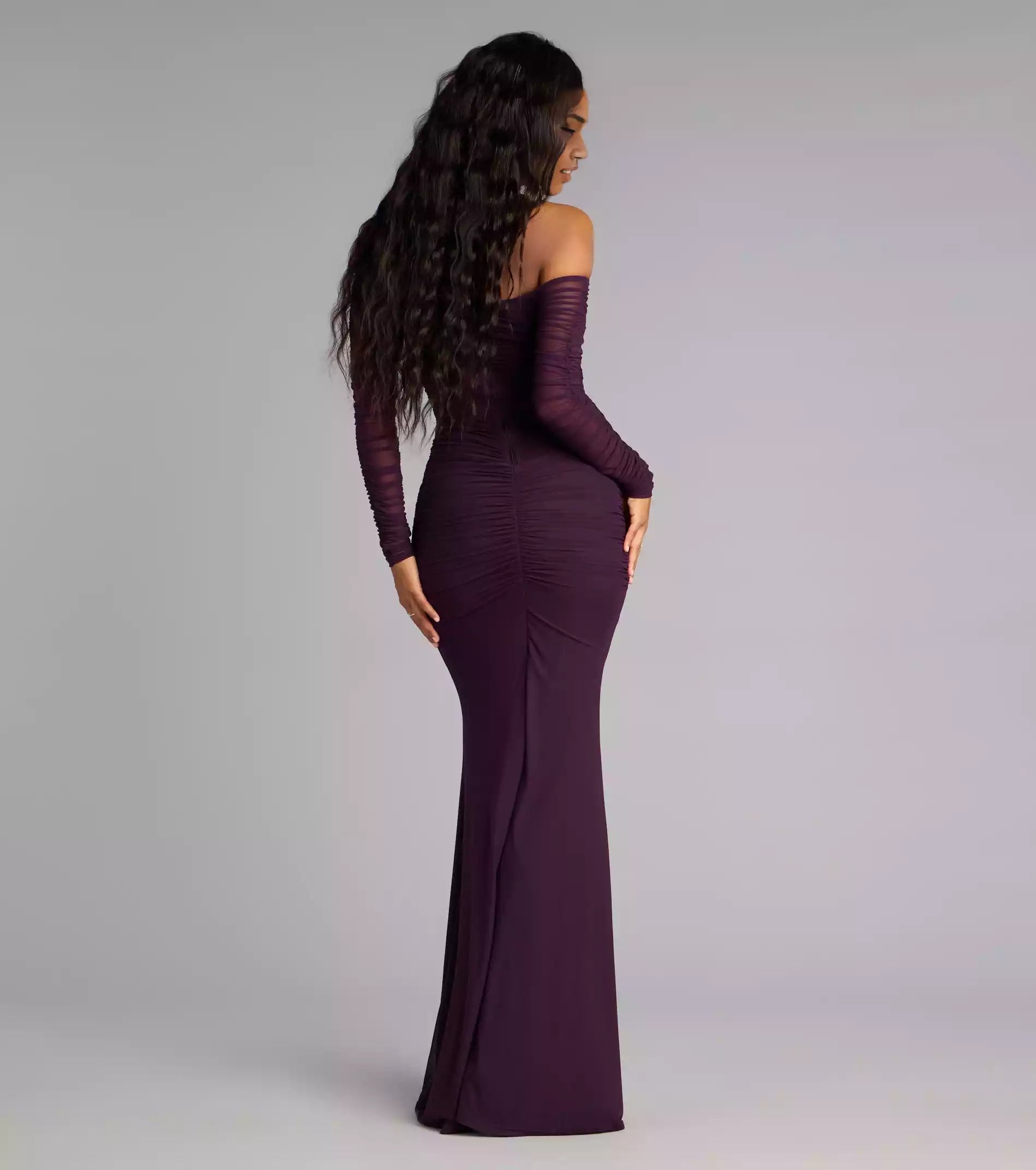 Soft and smooth chiffon pleated off shoulder slim fit back zipper pleated mermaid silhouette and floor Prom Dresses