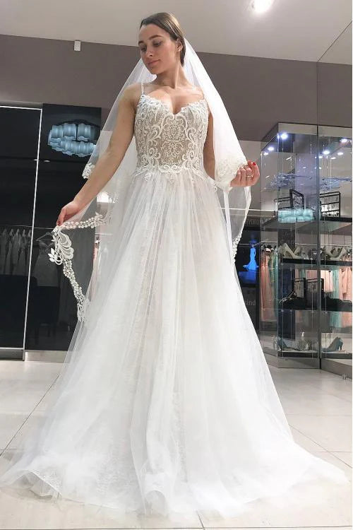 Spaghetti Strap Long Tulle Bride Dress with Lace