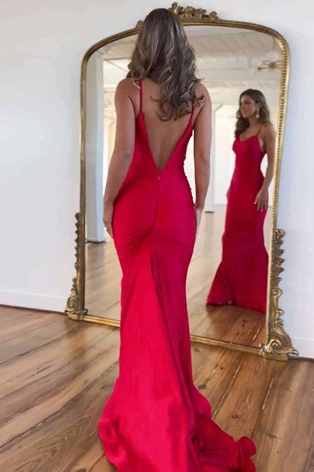 Red Mermaid Spaghetti Straps Long Satin Prom Dress