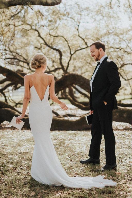 Spaghetti Straps Mermaid Backless V Neck Beach Wedding Dresses