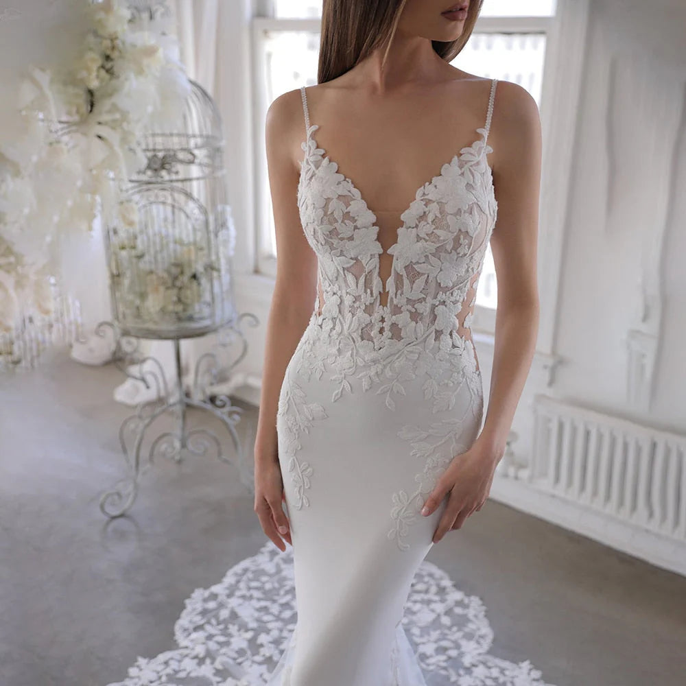 Dingji WeddingjiDress Spaghetti Straps Sheath Classy Lace Long Wedding Dresses