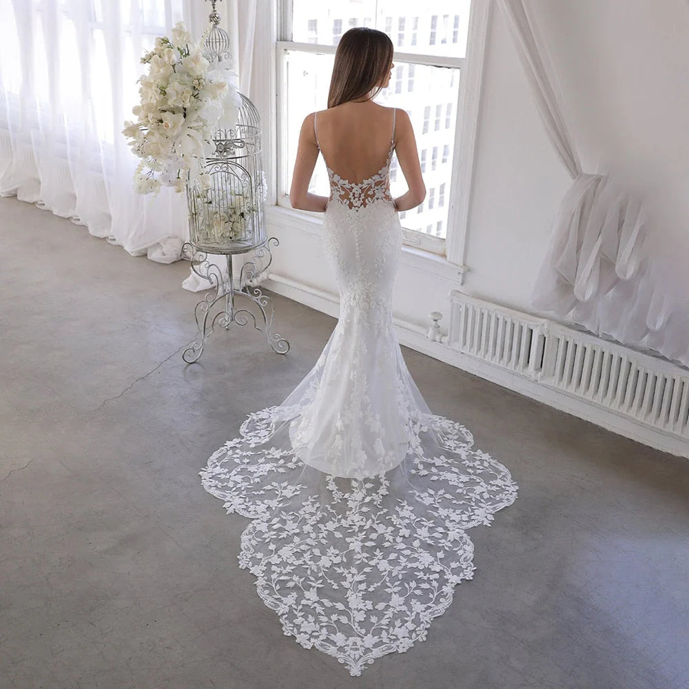 Dingji WeddingjiDress Spaghetti Straps Sheath Classy Lace Long Wedding Dresses