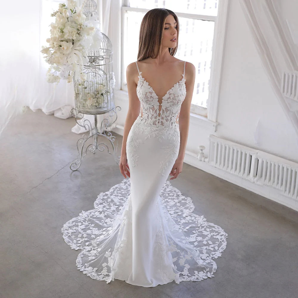 Dingji WeddingjiDress Spaghetti Straps Sheath Classy Lace Long Wedding Dresses