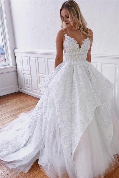 Dingji WeddingjiDress Spaghetti Straps Wedding Dresses With Appliques Ruffles Sweep Train