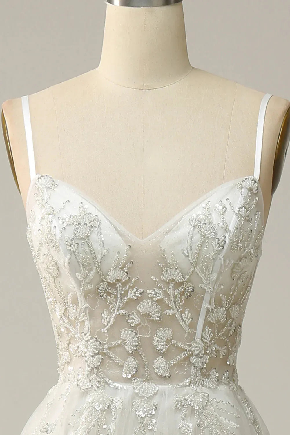 Spaghetti Strap Beaded Lace & Tulle A-Line Wedding Dress with Slit