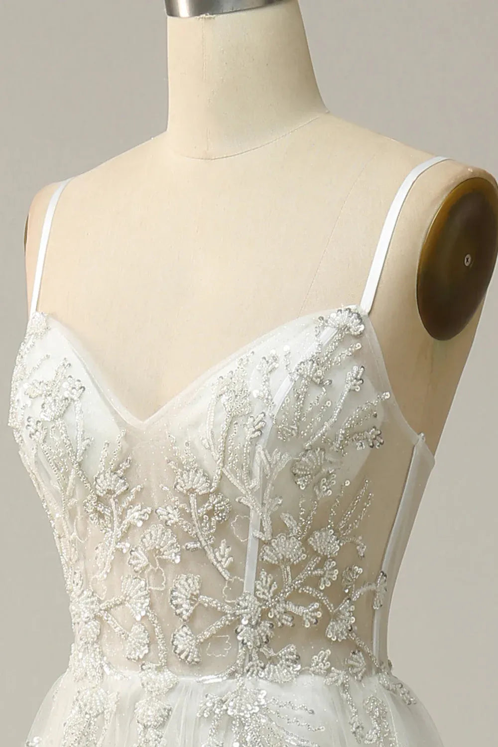 Spaghetti Strap Beaded Lace & Tulle A-Line Wedding Dress with Slit