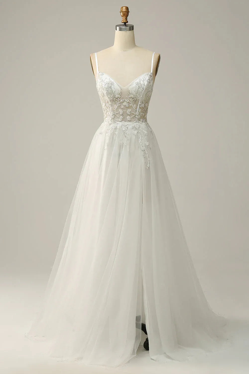 Spaghetti Strap Beaded Lace & Tulle A-Line Wedding Dress with Slit