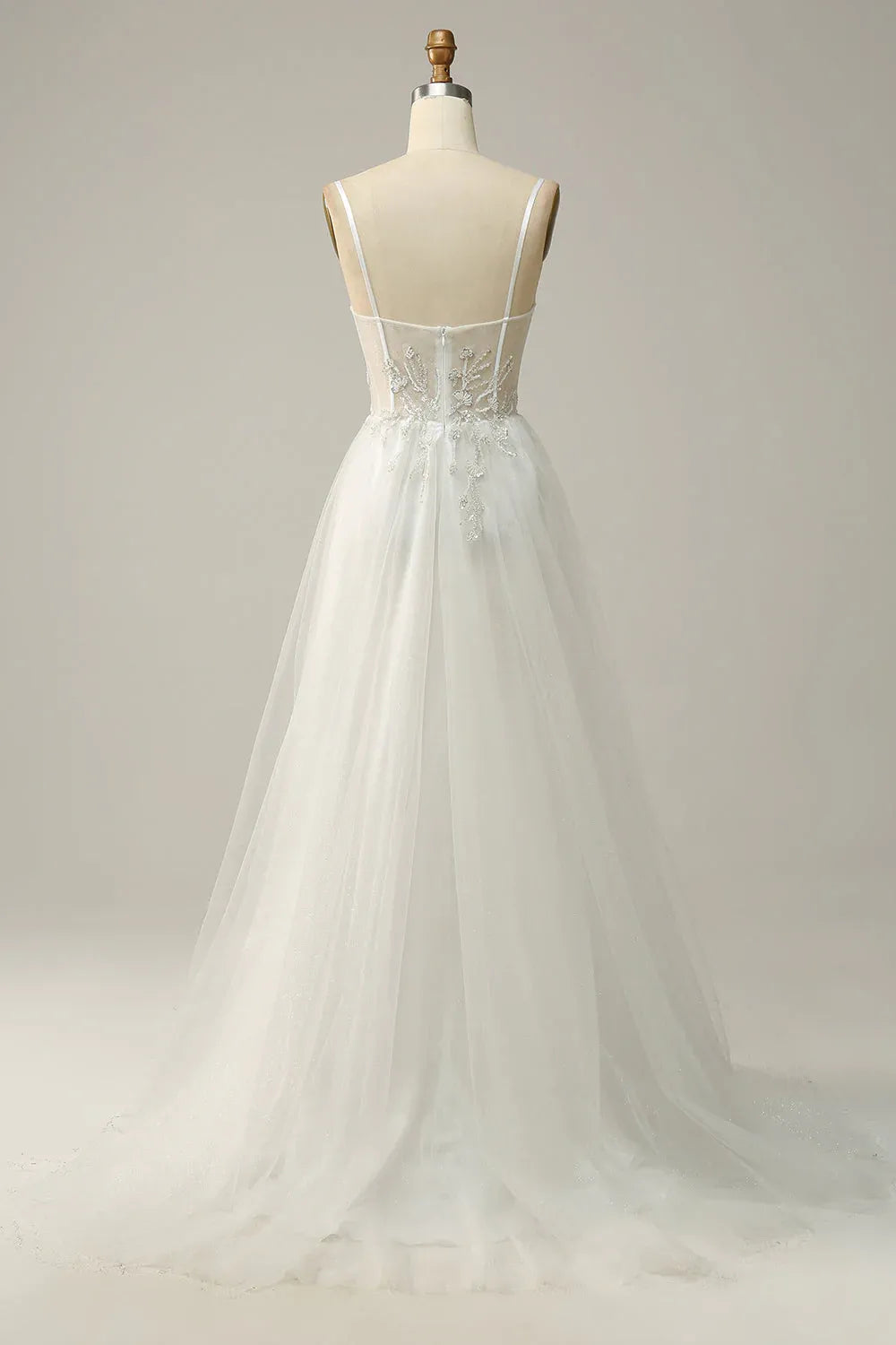 Spaghetti Strap Beaded Lace & Tulle A-Line Wedding Dress with Slit