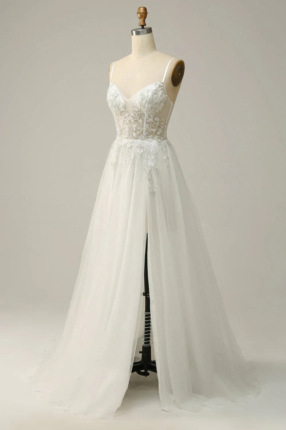 Spaghetti Strap Beaded Lace & Tulle A-Line Wedding Dress with Slit