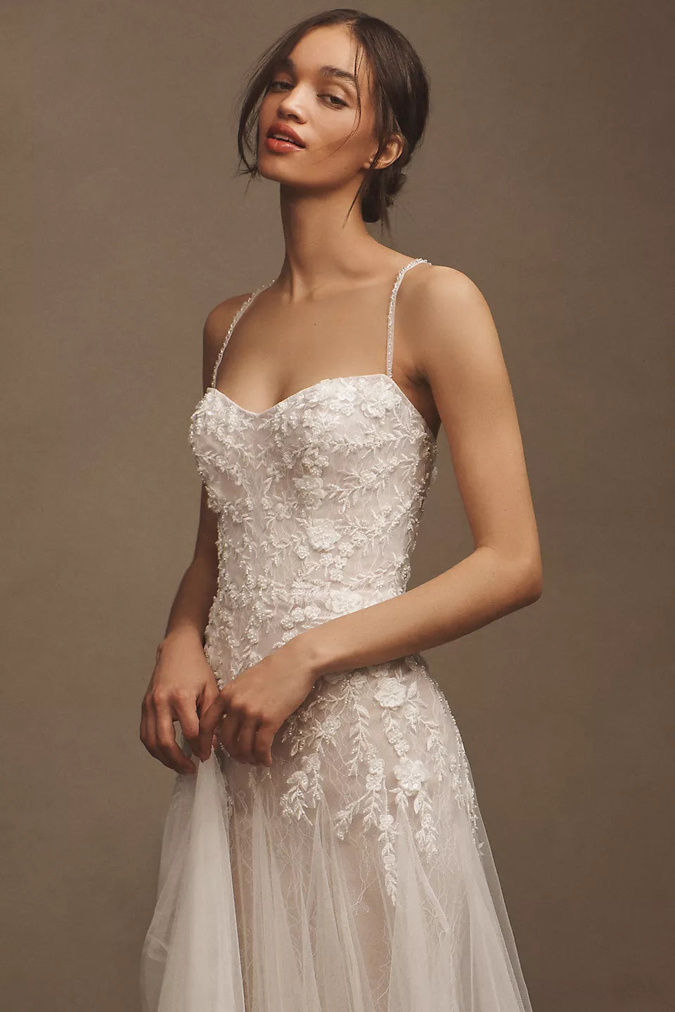 Spaghetti Strap Floral Lace Tulle Wedding Dresses (Ivory)