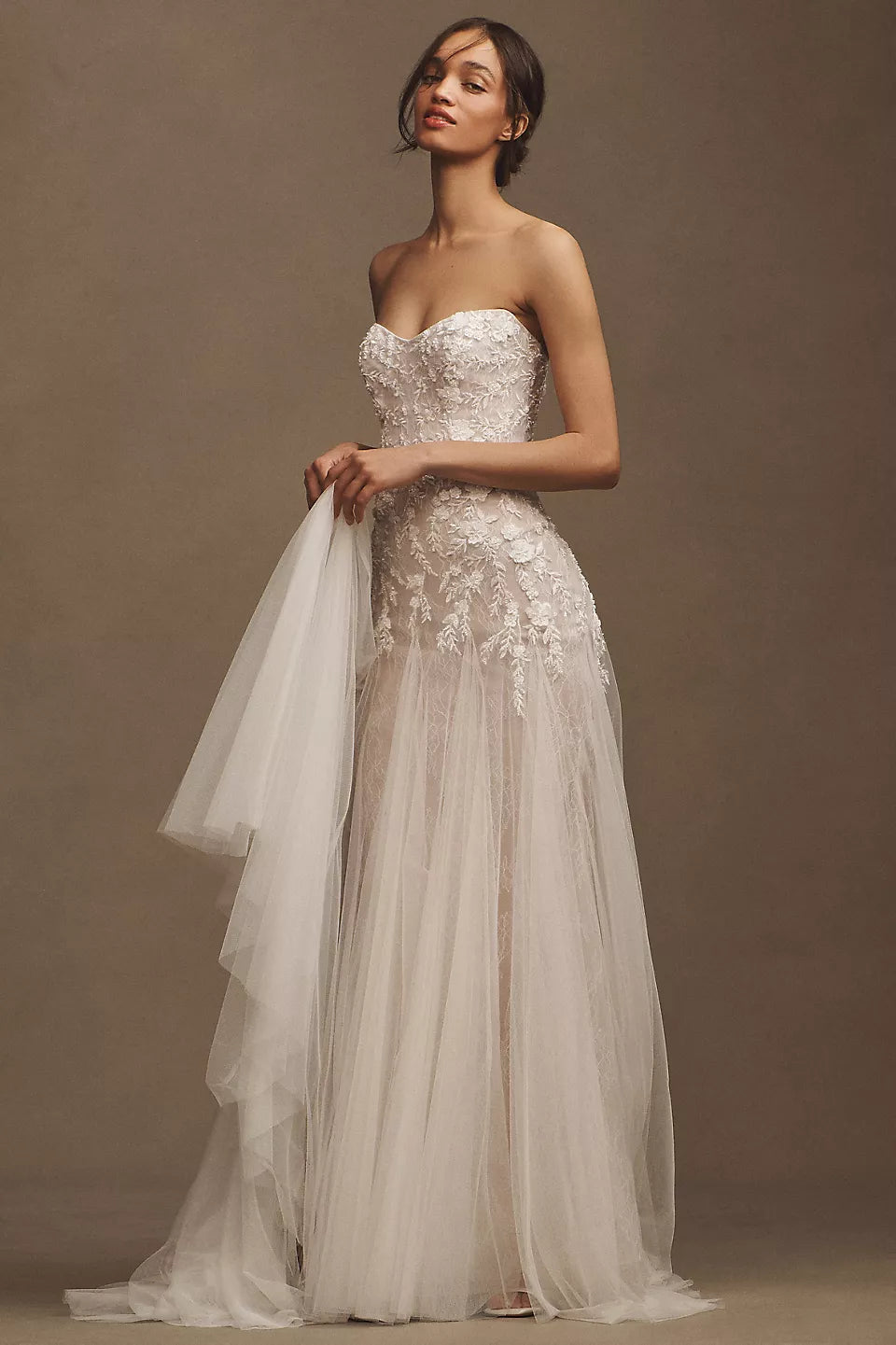 Spaghetti Strap Floral Lace Tulle Wedding Dresses (Ivory)