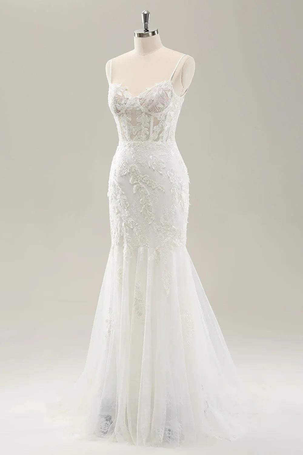 Spaghetti Strap Lace Mermaid Wedding Dress with Corset Back