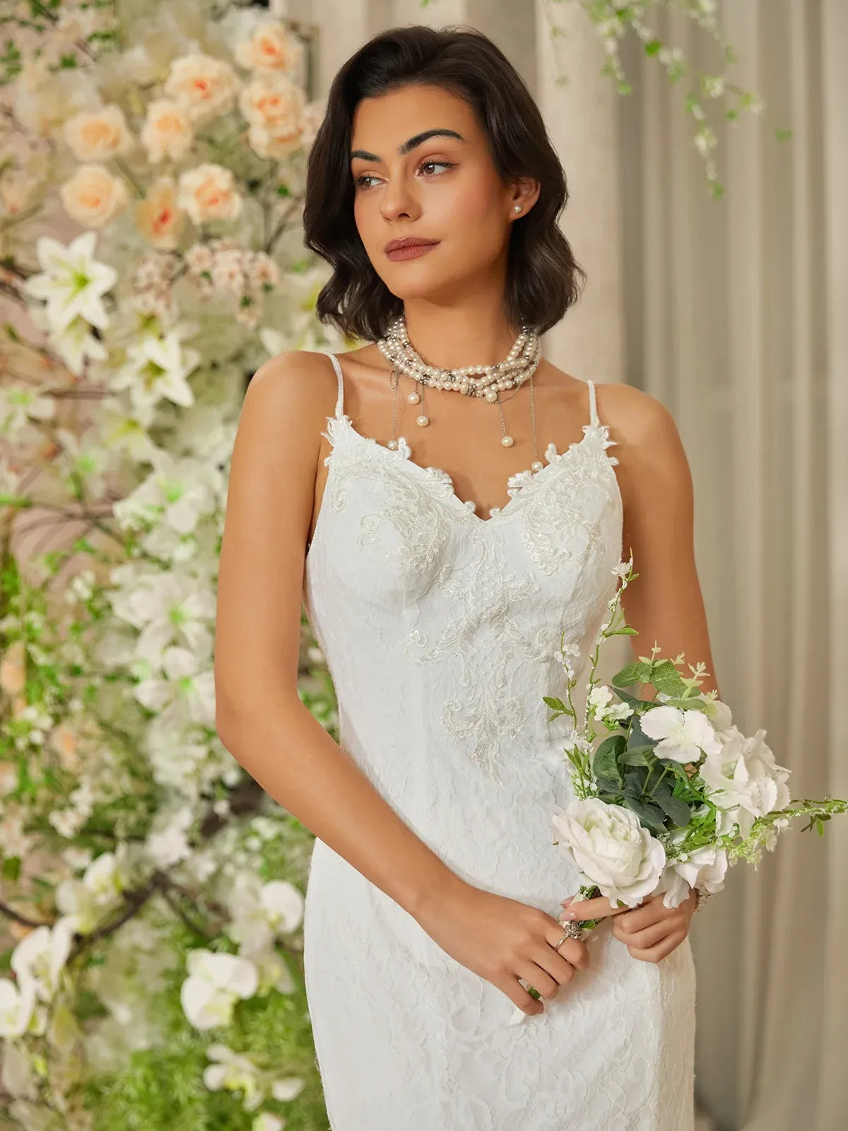 Spaghetti Strap Lace Mermaid Wedding Dress with Low Back & Scalloped Train - Romantic Bridal Gown