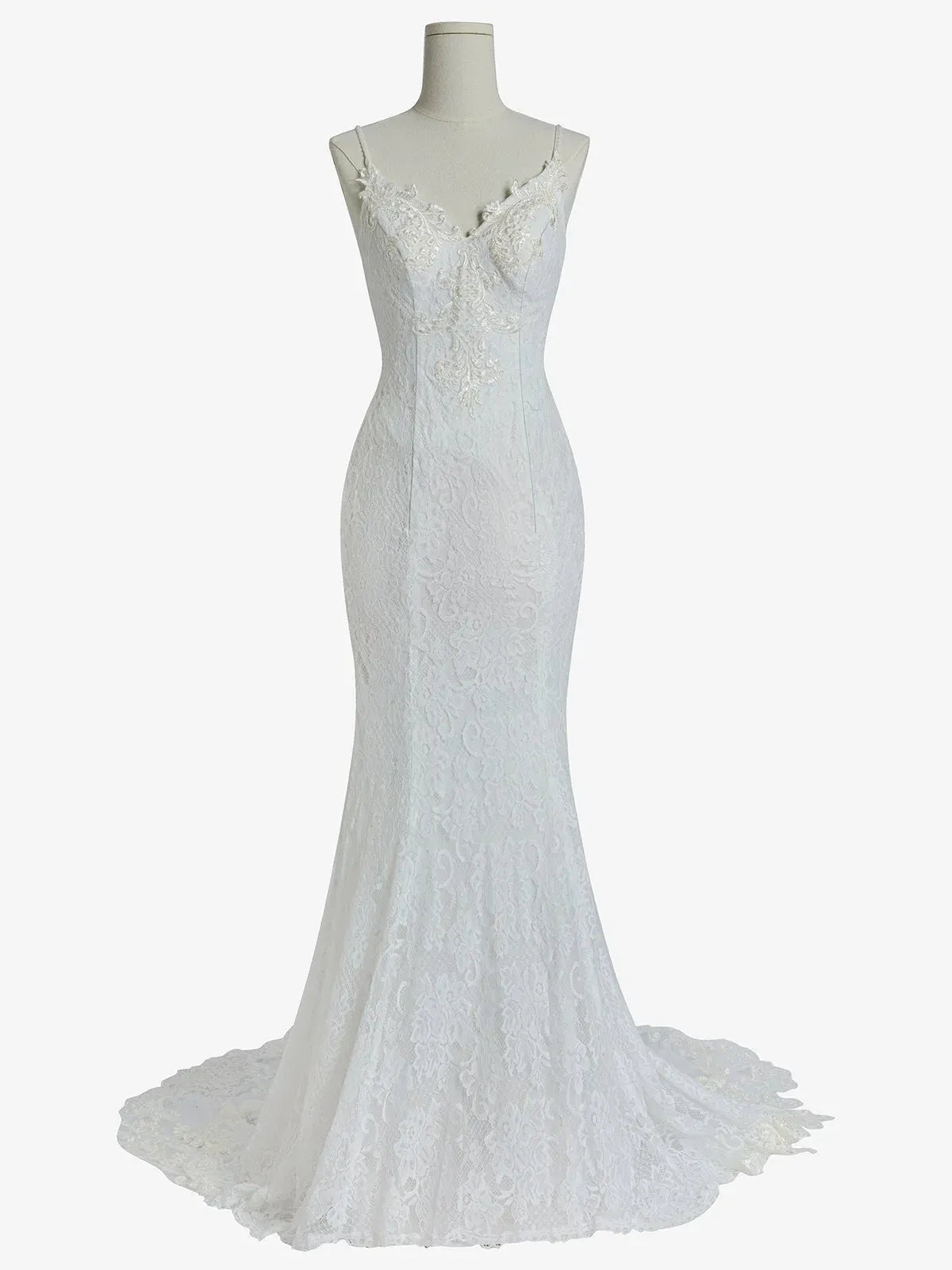 Spaghetti Strap Lace Mermaid Wedding Dress with Low Back & Scalloped Train - Romantic Bridal Gown