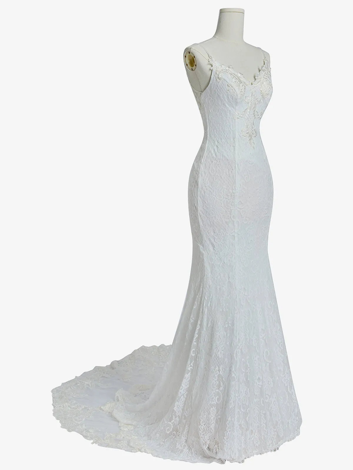 Spaghetti Strap Lace Mermaid Wedding Dress with Low Back & Scalloped Train - Romantic Bridal Gown
