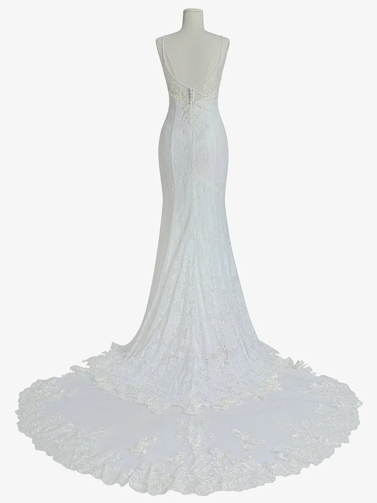 Spaghetti Strap Lace Mermaid Wedding Dress with Low Back & Scalloped Train - Romantic Bridal Gown