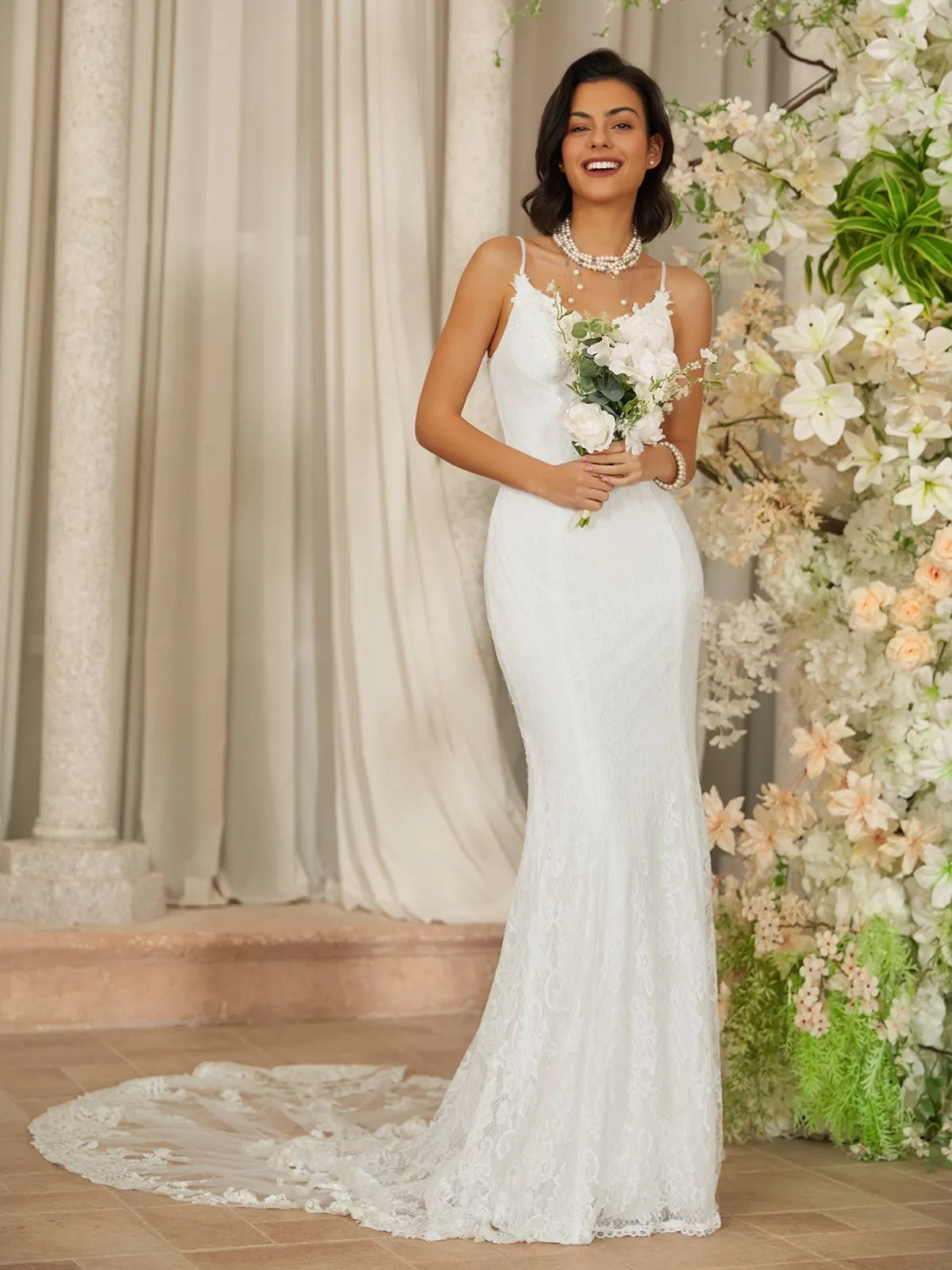 Spaghetti Strap Lace Mermaid Wedding Dress with Low Back & Scalloped Train - Romantic Bridal Gown