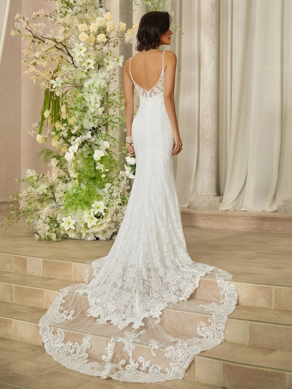Spaghetti Strap Lace Mermaid Wedding Dress with Low Back & Scalloped Train - Romantic Bridal Gown