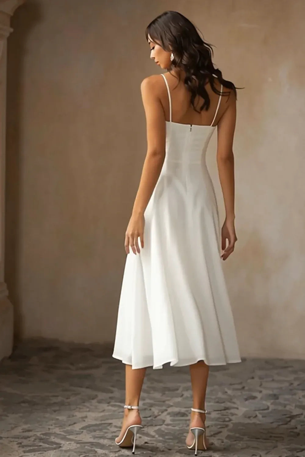 Spaghetti Strap Sweetheart Chiffon Midi Wedding Dress - Casual Bridal & Elopement Gown