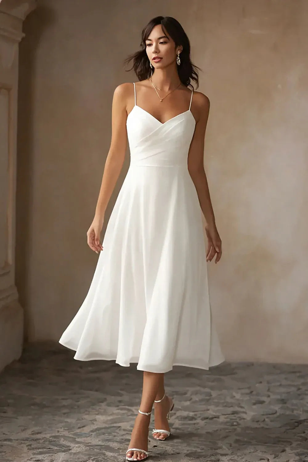 Modern Spaghetti Strap Sweetheart Chiffon Midi Wedding Dress