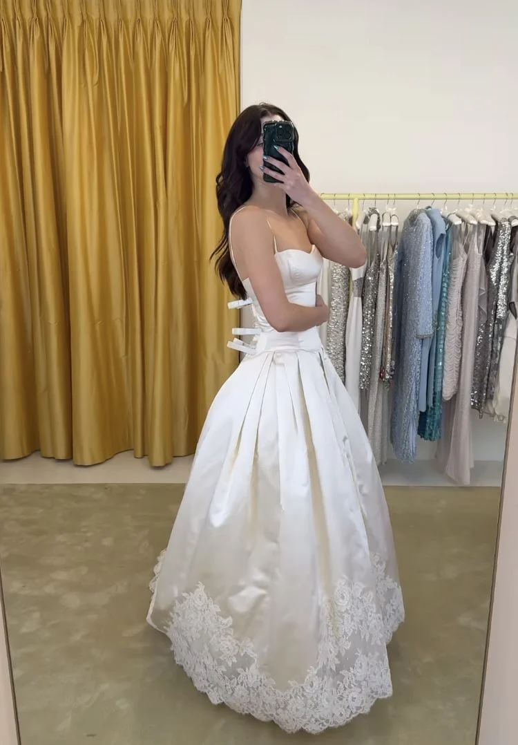 Spaghetti Strap Sweetheart Satin Ball Gown Wedding Dress with Lace Hem