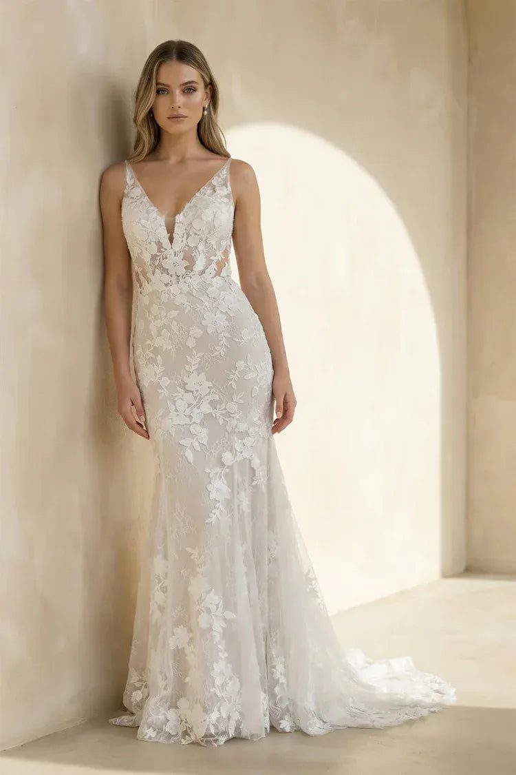 Spaghetti Strap V-Neck Floral Lace Mermaid Wedding Dress